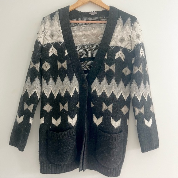 J. Jill Fair Isle Icelandic Nordic Wool Blend Beaded Cardigan Sweater Gray XS - Picture 1 of 11